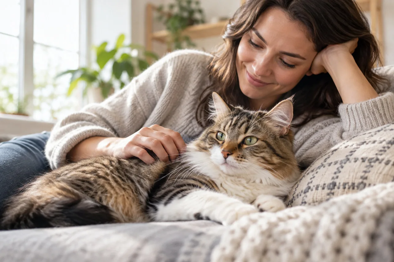 Owner resting at home with a cat