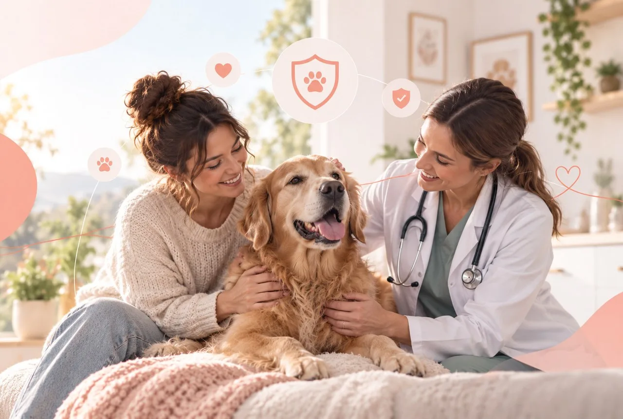 Owner and veterinarian beside a dog in a consultation setting